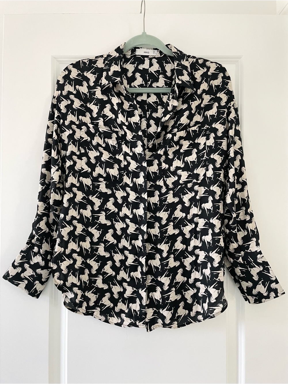 Mango Black Shirt with Cream Horse Print Button-Down